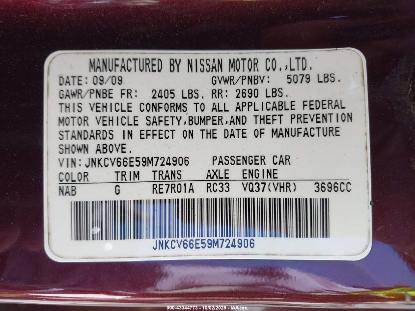 2009 Infiniti G37 VIN: JNKCV66E59M724906 Lot: 43344773