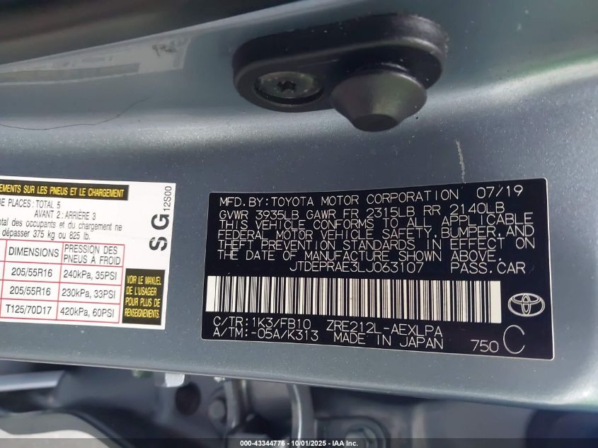 2020 Toyota Corolla Le VIN: JTDEPRAE3LJ063107 Lot: 43344776