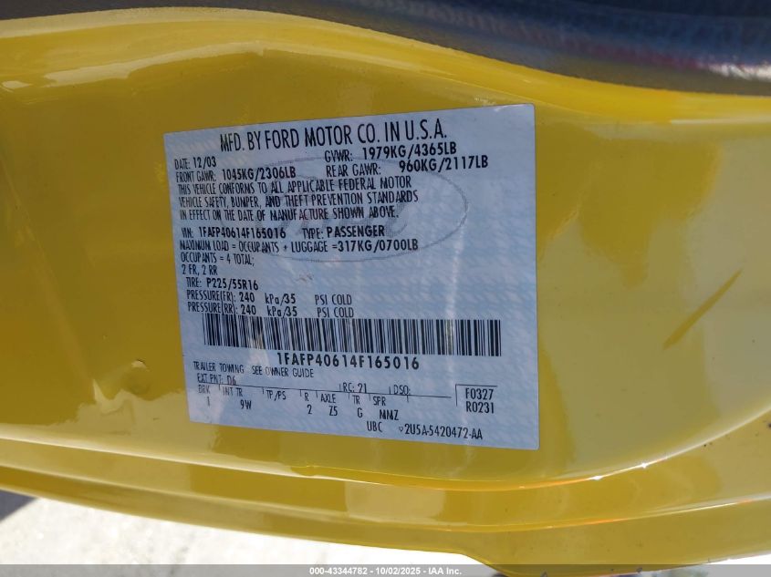 2004 Ford Mustang VIN: 1FAFP40614F165016 Lot: 43344782