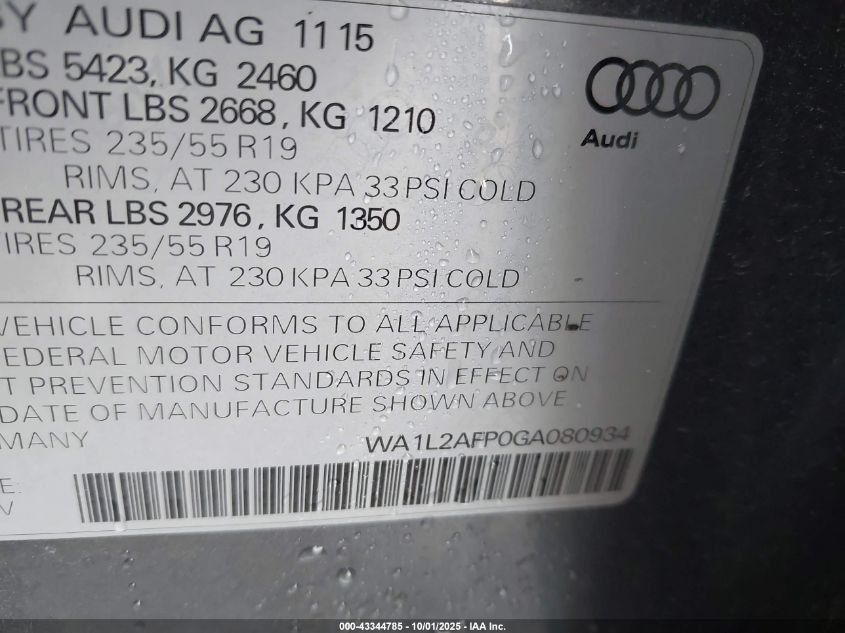 2016 Audi Q5 2.0T Premium VIN: WA1L2AFP0GA080934 Lot: 43344785