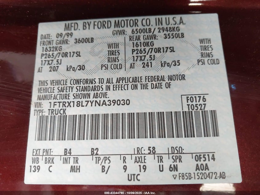 2000 Ford F-150 Lariat/Work Series/Xl/Xlt VIN: 1FTRX18L7YNA39030 Lot: 43344790