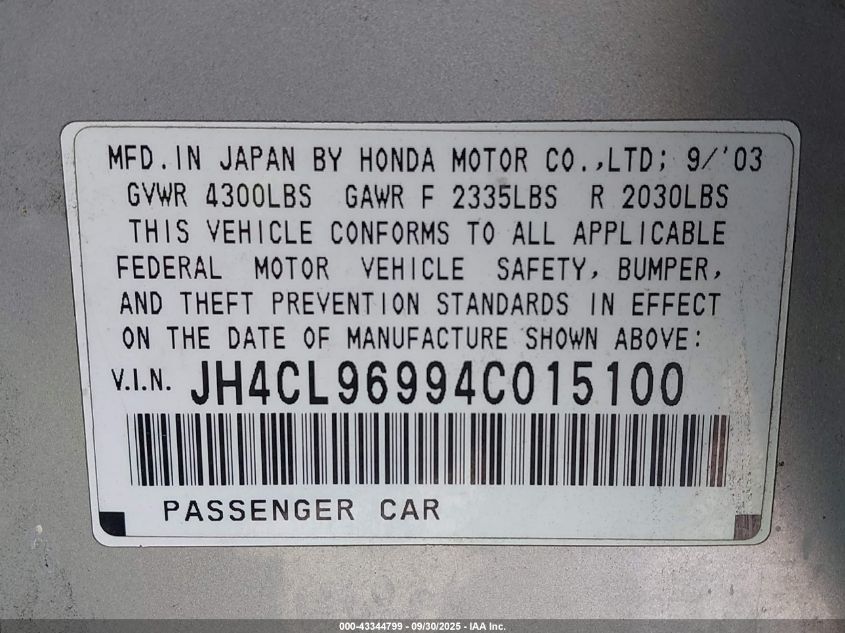 2004 Acura Tsx VIN: JH4CL96994C015100 Lot: 43344799