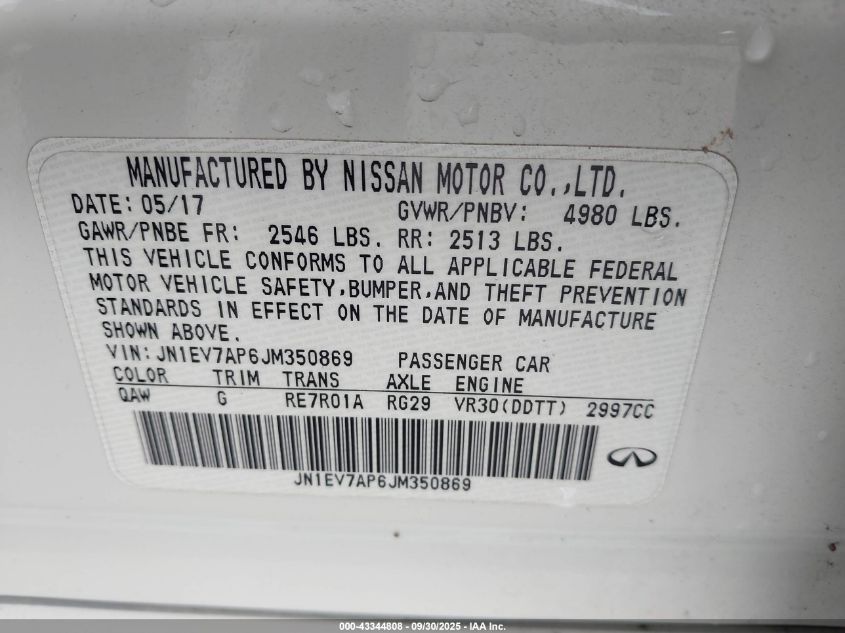 2018 Infiniti Q50 3.0T Luxe VIN: JN1EV7AP6JM350869 Lot: 43344808