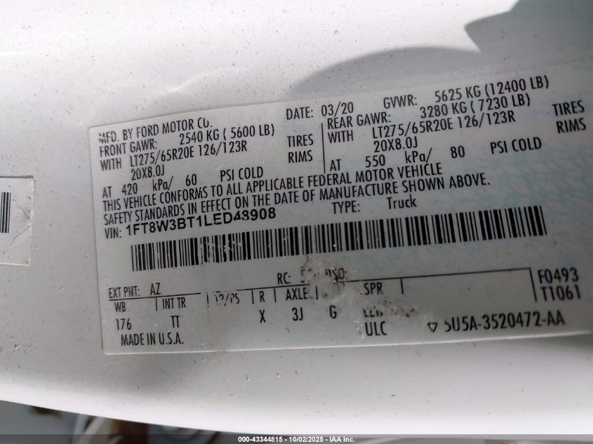 2020 Ford F-350 Limited VIN: 1FT8W3BT1LED48908 Lot: 43344815