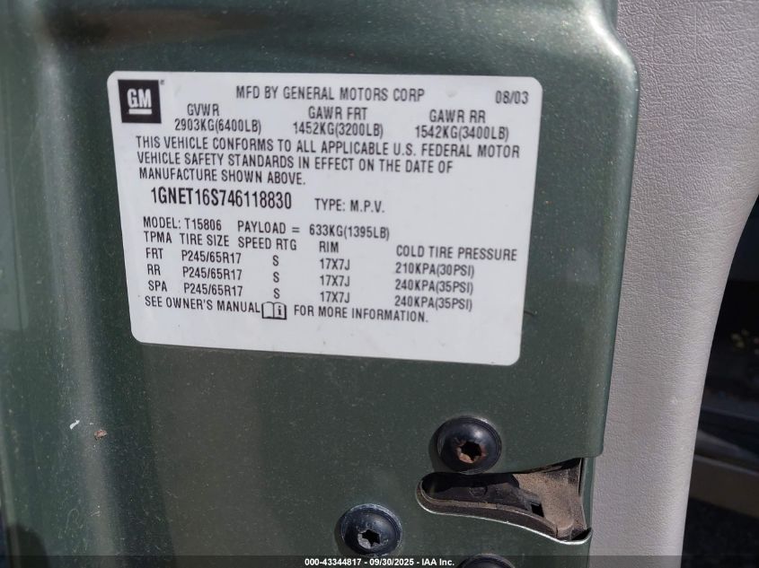 2004 Chevrolet Trailblazer Ext Ls VIN: 1GNET16S746118830 Lot: 43344817