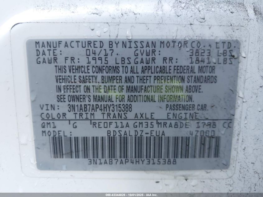 2017 Nissan Sentra Sv VIN: 3N1AB7AP4HY315388 Lot: 43344826