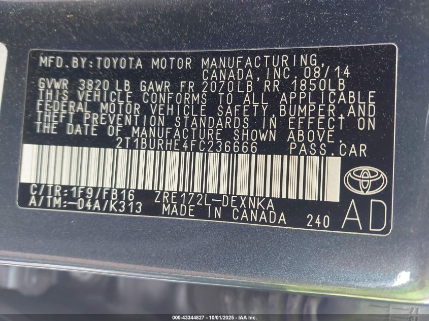 2015 Toyota Corolla Le VIN: 2T1BURHE4FC236666 Lot: 43344827