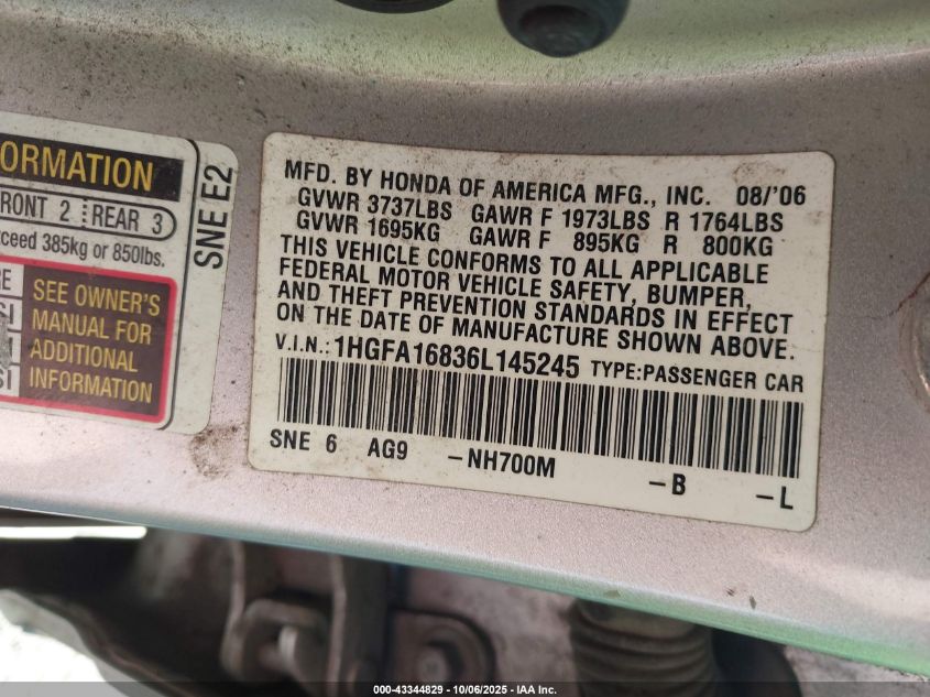 2006 Honda Civic Ex VIN: 1HGFA16836L145245 Lot: 43344829