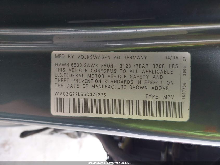 2005 Volkswagen Touareg V6 VIN: WVGZG77L85D075276 Lot: 43344835