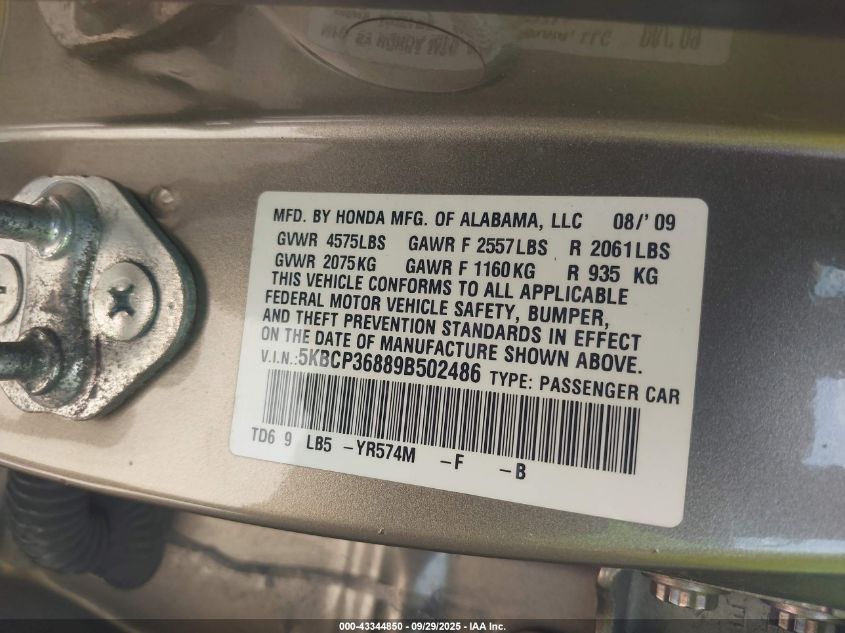 2009 Honda Accord Sdn 3.5 Ex-L/Ex-L VIN: 5KBCP36889B502486 Lot: 43344850