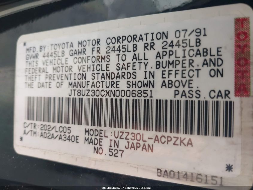 1992 Lexus Sc 400 VIN: JT8UZ30CXN0006851 Lot: 43344857