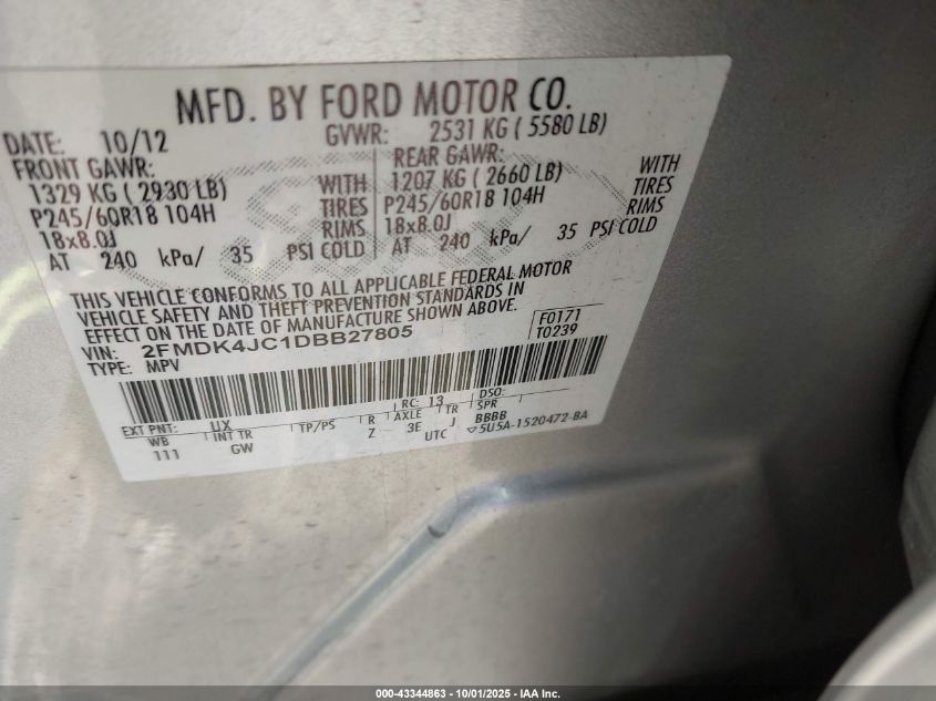 2013 Ford Edge Sel VIN: 2FMDK4JC1DBB27805 Lot: 43344863