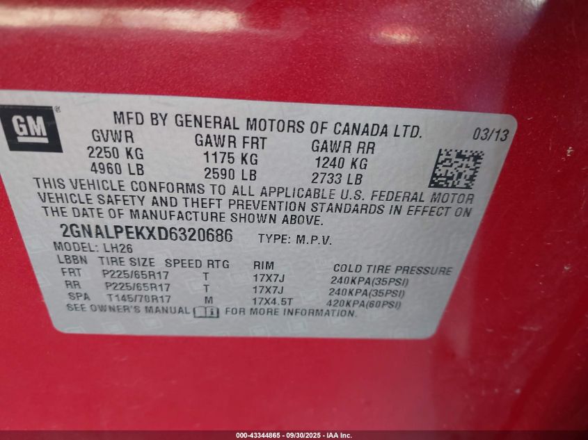 2013 Chevrolet Equinox 2Lt VIN: 2GNALPEKXD6320686 Lot: 43344865