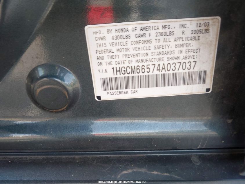 2004 Honda Accord 3.0 Ex VIN: 1HGCM66574A037037 Lot: 43344890