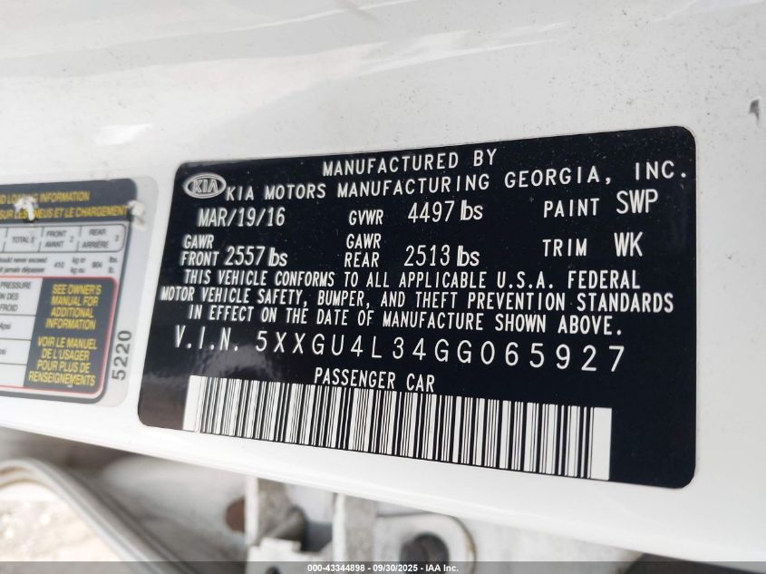 2016 Kia Optima Ex VIN: 5XXGU4L34GG065927 Lot: 43344898