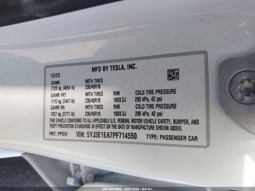 2023 Tesla Model 3 Rear-Wheel Drive VIN: 5YJ3E1EA7PF714550 Lot: 43344903