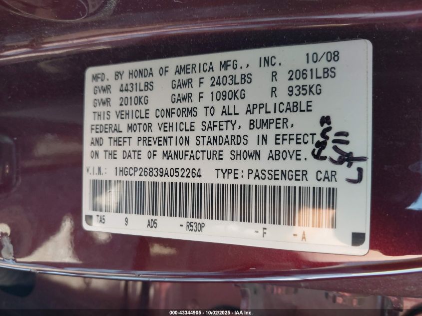 2009 Honda Accord 2.4 Ex-L VIN: 1HGCP26839A052264 Lot: 43344905