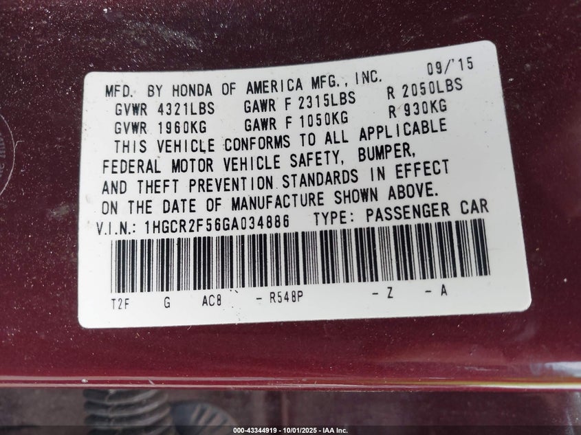 2016 HONDA ACCORD SPORT - 1HGCR2F56GA034886