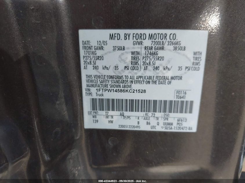 2006 Ford F-150 Fx4/Lariat/Xlt VIN: 1FTPW14586KC21528 Lot: 43344923