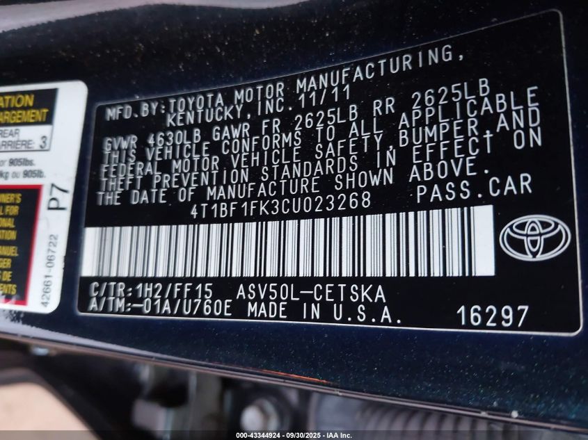 2012 Toyota Camry Se VIN: 4T1BF1FK3CU023268 Lot: 43344924