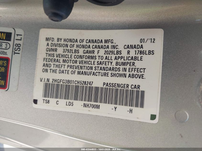 2012 Honda Civic Ex VIN: 2HGFG3B83CH567539 Lot: 43344933