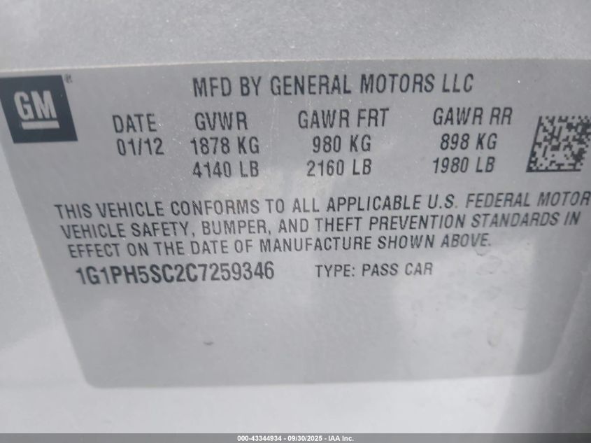 2012 Chevrolet Cruze Ltz VIN: 1G1PH5SC2C7259346 Lot: 43344934