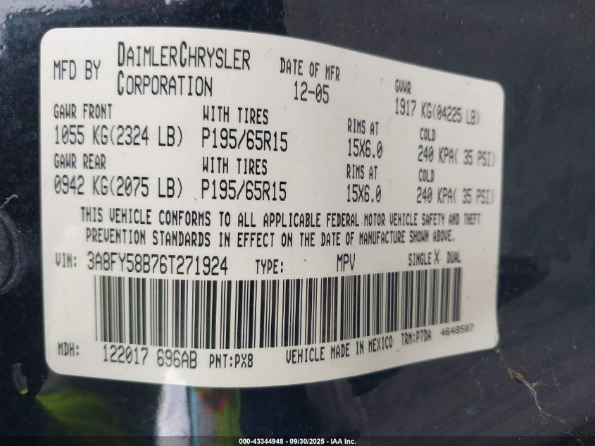 2006 Chrysler Pt Cruiser Touring VIN: 3A8FY58B76T271924 Lot: 43344948