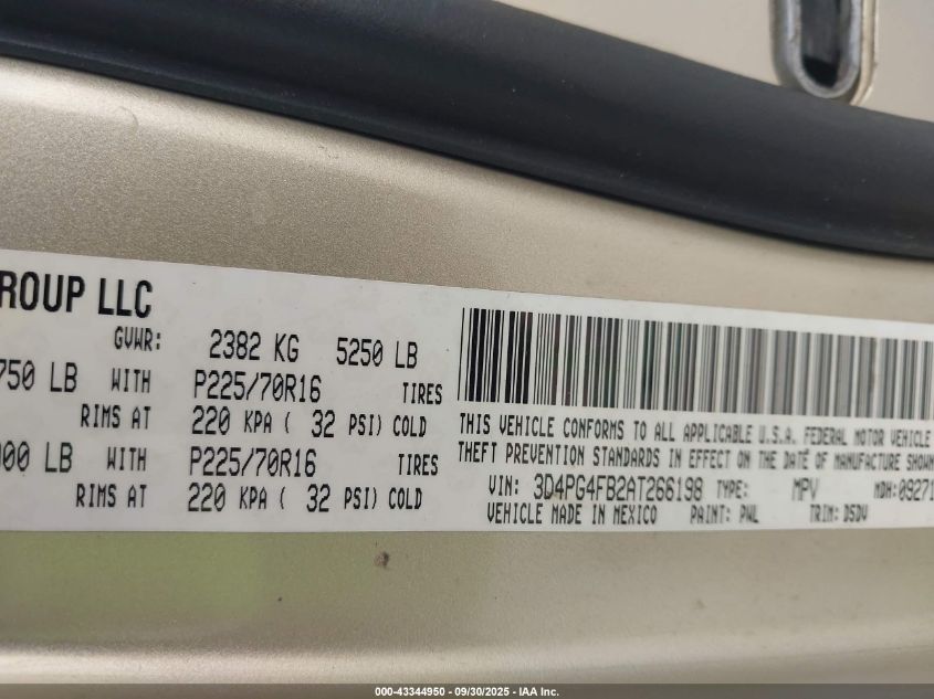 2010 Dodge Journey Se VIN: 3D4PG4FB2AT266198 Lot: 43344950