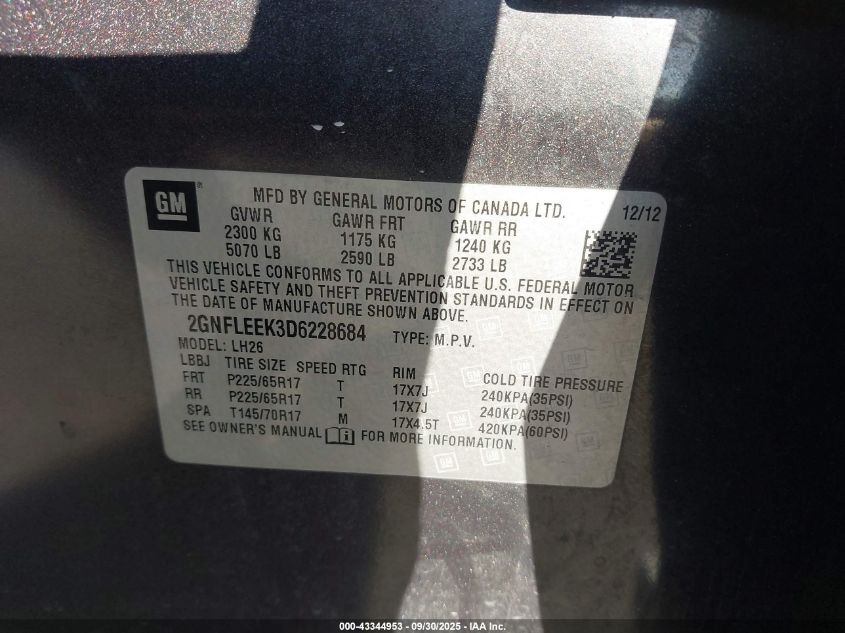 2013 Chevrolet Equinox 1Lt VIN: 2GNFLEEK3D6228684 Lot: 43344953