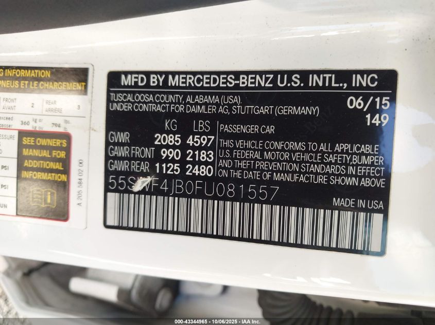 2015 Mercedes-Benz C 300 VIN: 55SWF4JB0FU081557 Lot: 43344965