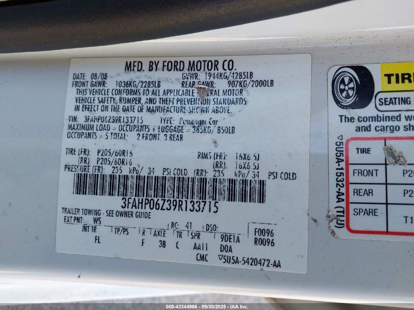 2009 Ford Fusion S VIN: 3FAHP06Z39R133715 Lot: 43344966