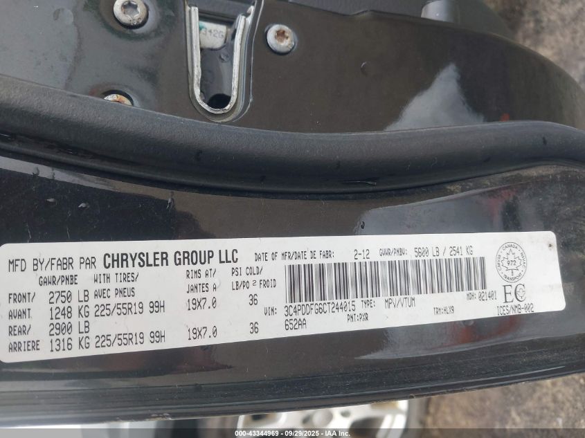 2012 Dodge Journey R/T VIN: 3C4PDDFG6CT244015 Lot: 43344969