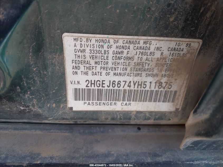 2000 Honda Civic Lx VIN: 2HGEJ6674YH511875 Lot: 43344972