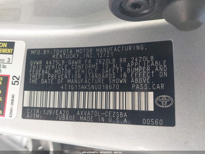 2022 TOYOTA CAMRY SE - 4T1G11AK5NU018670