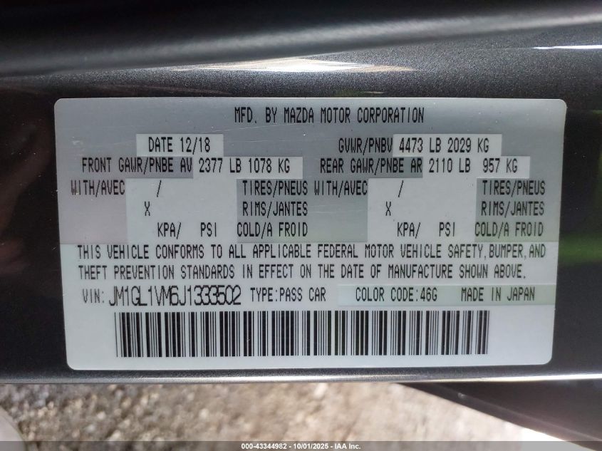 2018 Mazda Mazda6 Touring VIN: JM1GL1VM6J1333502 Lot: 43344982