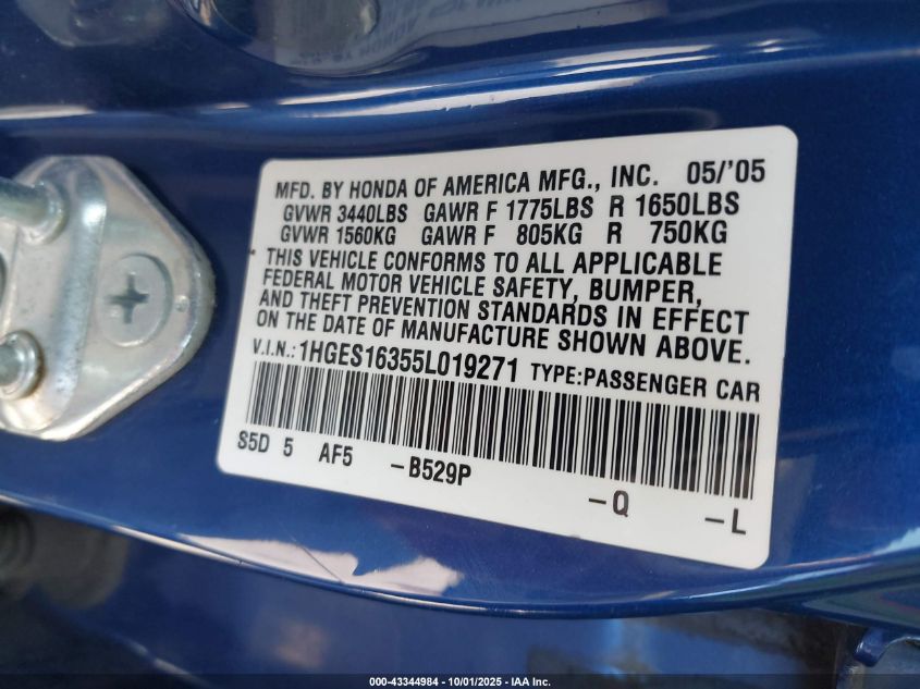 2005 Honda Civic Vp VIN: 1HGES16355L019271 Lot: 43344984