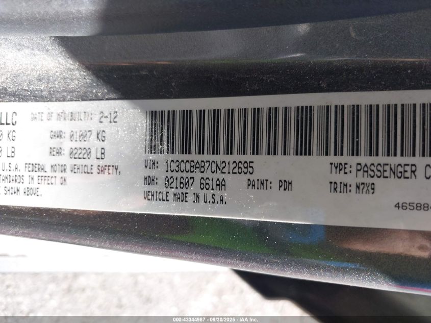 2012 Chrysler 200 Lx VIN: 1C3CCBAB7CN212695 Lot: 43344987