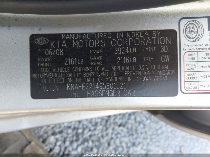 2009 Kia Spectra Ex VIN: KNAFE221495601521 Lot: 43344993
