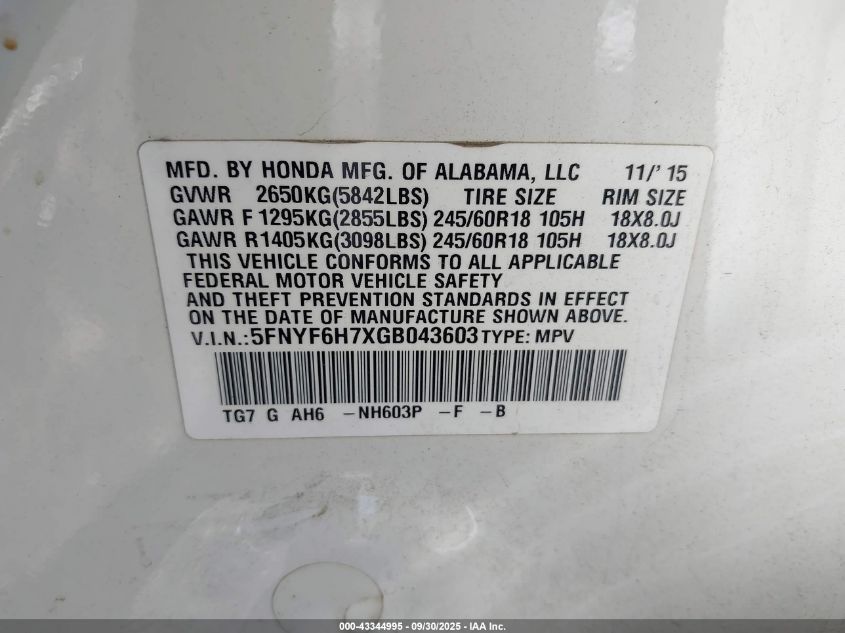 2016 Honda Pilot Ex-L VIN: 5FNYF6H7XGB043603 Lot: 43344995