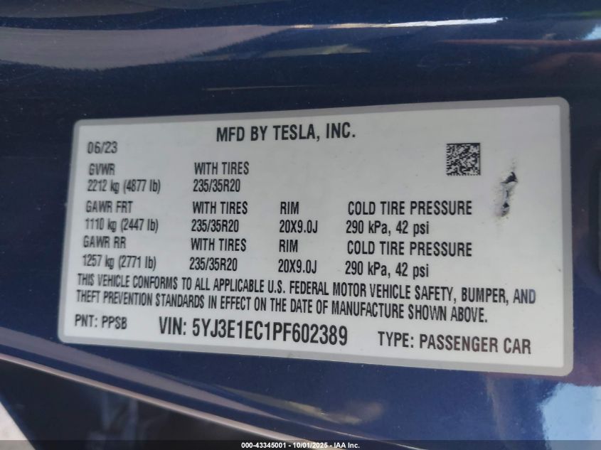 2023 Tesla Model 3 Performance Dual Motor All-Wheel Drive VIN: 5YJ3E1EC1PF602389 Lot: 43345001