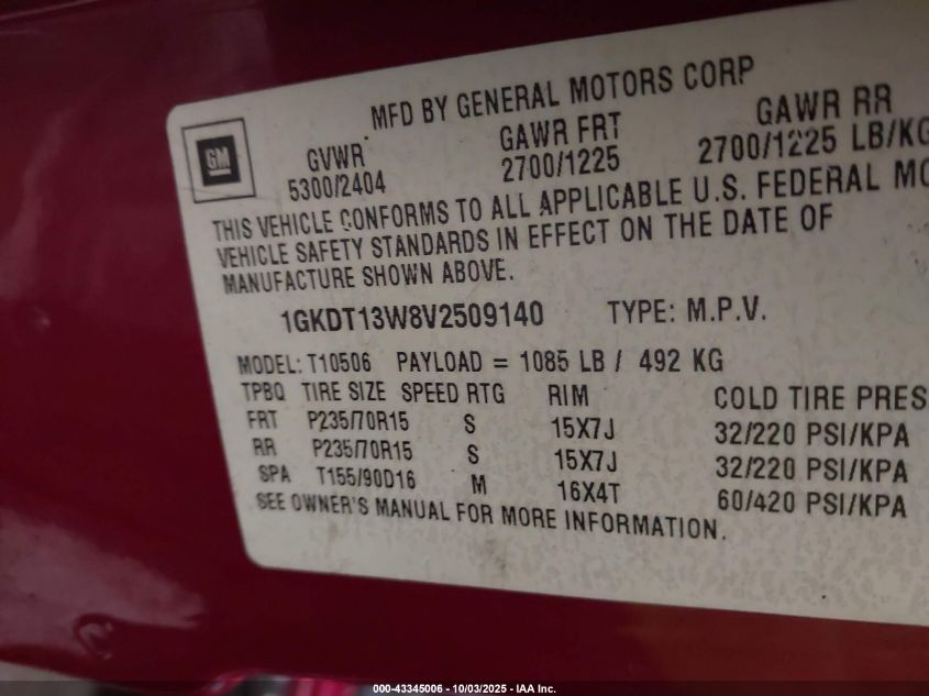 1997 GMC Jimmy Sls VIN: 1GKDT13W8V2509140 Lot: 43345006