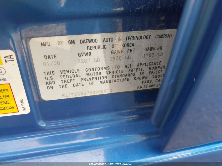 2008 Chevrolet Aveo 5 Ls VIN: KL1TD66678B208612 Lot: 43345007