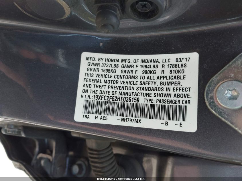 2017 Honda Civic Lx VIN: 19XFC2F52HE036159 Lot: 43345012
