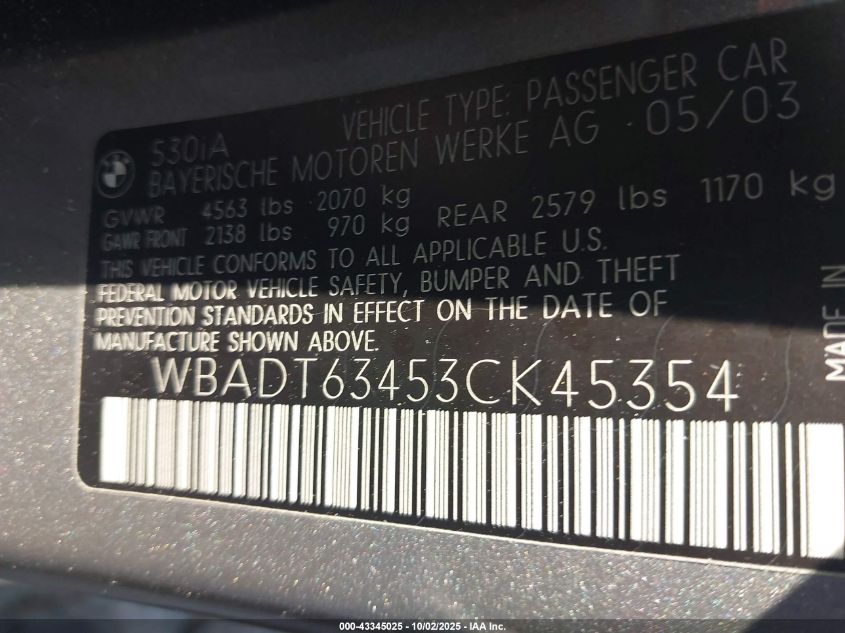 2003 BMW 530Ia VIN: WBADT63453CK45354 Lot: 43345025