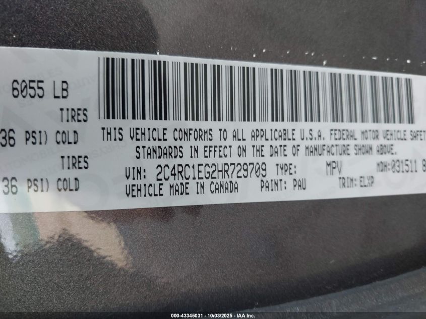 2017 Chrysler Pacifica Touring-L Plus VIN: 2C4RC1EG2HR729709 Lot: 43345031