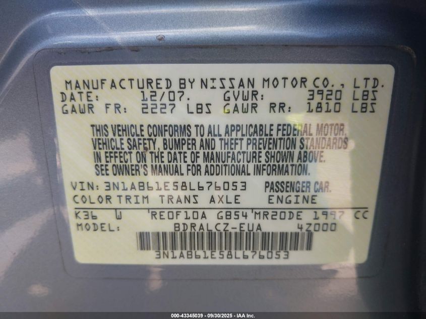 2008 Nissan Sentra 2.0 VIN: 3N1AB61E58L676053 Lot: 43345039