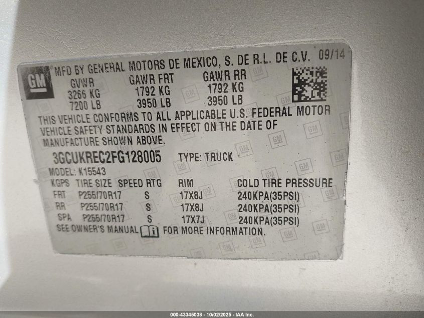 2015 Chevrolet Silverado 1500 1Lt VIN: 3GCUKREC2FG128005 Lot: 43345038