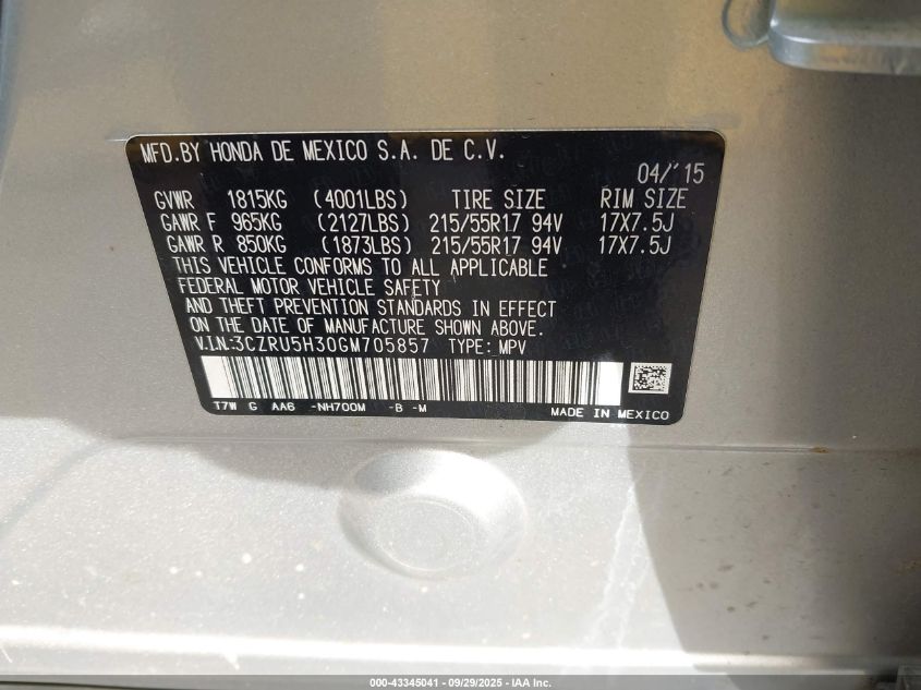 2016 Honda Hr-V Lx VIN: 3CZRU5H30GM705857 Lot: 43345041