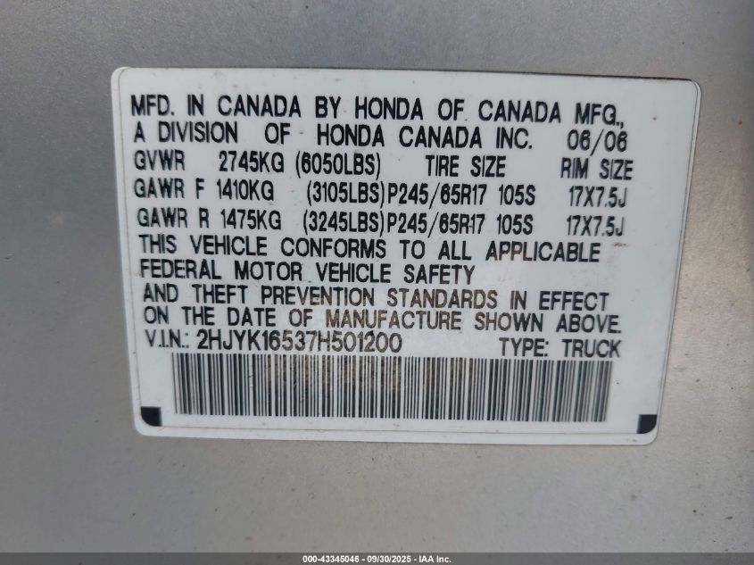 2007 Honda Ridgeline Rtl VIN: 2HJYK16537H501200 Lot: 43345046