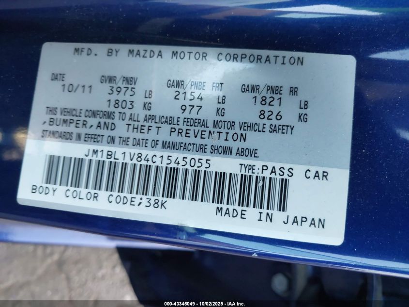 2012 Mazda Mazda3 I Touring VIN: JM1BL1V84C1545055 Lot: 43345049